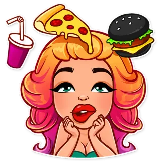 😋 dessin animé, femme, burger, pizza, boisson, nourriture whatsapp sticker