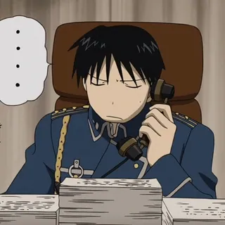 💙 Roy Mustang Fullmetal Alchemist ... anime, fictional character, phone call, annoyed, bored, office work, reaction telegram sticker