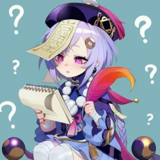 🍇 Qiqi Genshin Impact anime, garota, pergunta, pontos de interrogação, cabelo roxo, fofa, desenho telegram sticker