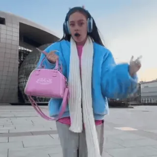 😀 girl, headphones, blue jacket, pink bag, dancing, street style, lifestyle, young woman telegram sticker