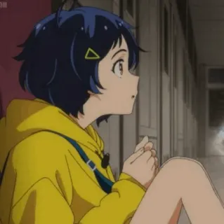 🧚‍♀ Ai Ohto Wonder Egg Priority アニメ, 女の子, 黄色いパーカー, ティーン, 座り, ワンダーエッグ・プライオリティ, 大戸アイ telegram sticker