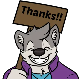 😎 Thanks!! merci, furry, loup cartoon, gratitude, panneau, personnage whatsapp sticker