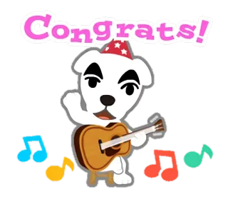 🎶 K.K. Slider Animal Crossing Congrats! animal crossing, perro, guitarra, música, felicidades, gorro de fiesta, pegatina whatsapp sticker