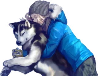 ❄ woman, husky, dog, winter, snow, friendship, affection telegram sticker