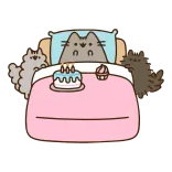 🎉 Pusheen pusheen, Katze, Geburtstag, Kuchen, Bett, süß, Cartoon telegram sticker