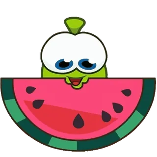 🍉 Om Nom Om Nom, Cut the Rope, 卡通人物, 西瓜, 吃, 绿色怪物, 可爱, 动画 telegram sticker