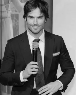 © Ian Somerhalder aktor, selebriti, pria, setelan, mikrofon, potret, hitam putih, dasi whatsapp sticker
