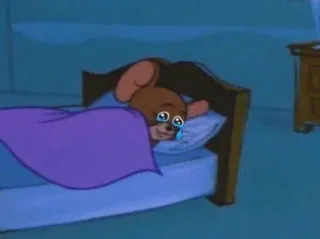 🖤 Jerry Mouse Tom and Jerry triste, pleurer, dessin animé, lit, Jerry, souris, animation whatsapp sticker