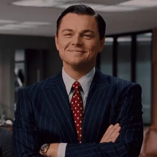 😁 Jordan Belfort The Wolf of Wall Street leonardo dicaprio, el lobo de wall street, película, personaje, traje, sonriendo, cine telegram sticker