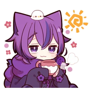 ☀ kawaii, chat, animé, autocollant, mignon, dessin animé, violet, thé, oiseau telegram sticker