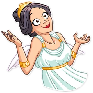 🤷‍♀️ mulher, deusa, vestido branco, asas, coroa de ouro, apontando para cima, desenho animado, dar de ombros telegram sticker