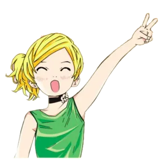 ✌ ragazza anime, segno di pace, cartone animato, adesivo, capelli biondi, sorridente telegram sticker