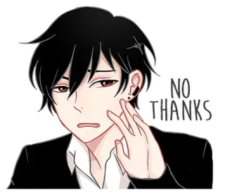 😕 NO THANKS nie, dziękuję, anime, postać, odrzucenie, czarne włosy, mężczyzna, garnitur whatsapp sticker