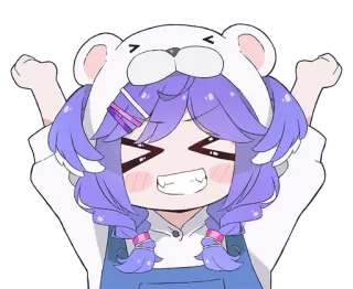 😁 garota anime, chapéu de urso, desenho animado, fofo, feliz, cabelo roxo telegram sticker