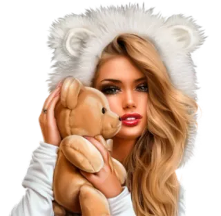 🐻 mujer, osito de peluche, retrato, capucha de piel, pelo rubio, maquillaje telegram sticker
