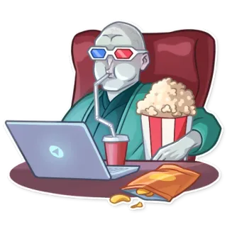 🍿 man, watching, 3D glasses, popcorn, chips, laptop, movie, entertainment telegram sticker