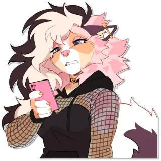 🤨 furry, anthropomorphic, cat, pink hair, smartphone, anxious, worried, sticker, female whatsapp sticker