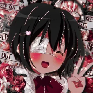 🖤 KEEP OUT Anime, Dessin animé, Cache-œil, Fille, Signe de paix, Rouge, Fleurs telegram sticker