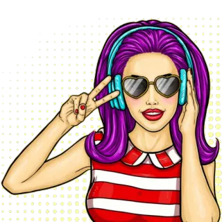 ✌ woman, headphones, peace sign, heart sunglasses, cartoon, pop art telegram sticker