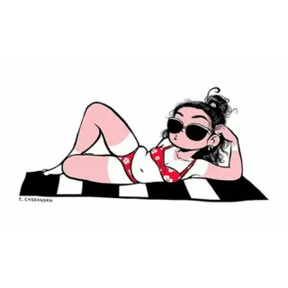 😎 Frau, Strand, Sonnenbrille, Sonnenbaden, Bikini, Sommer, Cartoon telegram sticker