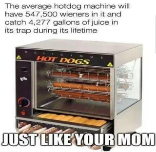 😁 The average hotdog machine will have 547,500 wieners in it and catch 4,277 gallons of juice in its trap during its lifetime
HOT DOGS
JUST LIKE YOUR MOM Hot dog, Cibo, Macchina, Cucina, Umorismo, Scherzo telegram sticker