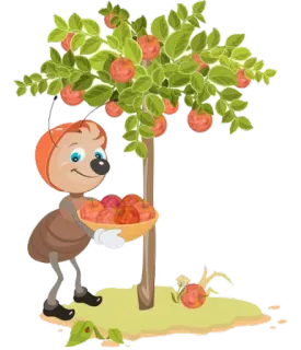 🍎 formica, albero di mele, mele, cartone animato, raccolto whatsapp sticker