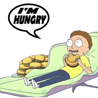 🍔 Morty Smith Rick and Morty I'M HUNGRY Dibujo animado, Hamburguesa, Comida, Hambriento, Personaje telegram sticker