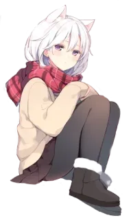 😐 garota anime, orelhas de gato, cachecol, fofa, roupa de inverno, sentada telegram sticker