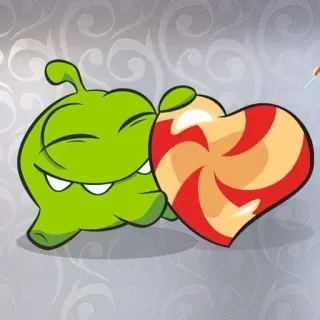 🍭 Om Nom Om Nom, bonbon, cœur, monstre vert, mignon, sucré, amour whatsapp sticker