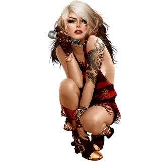 🎤 femme, microphone, tatouage, chant, robe rouge, accroupi, gants, art numérique telegram sticker