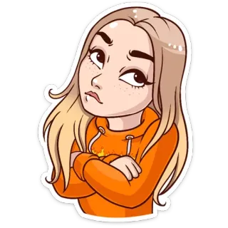 😑 fille, femme, dessin animé, personnage, autocollant, cheveux blonds, sweat à capuche orange telegram sticker