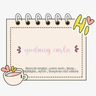 📌 gudang carla
there is manips, polar code, icons,
highlight, cyber, template and others
ID Стикер, Заметка, Цифровое искусство, Шаблон, Иконки, Кибер, Выделение, Полярный код whatsapp sticker