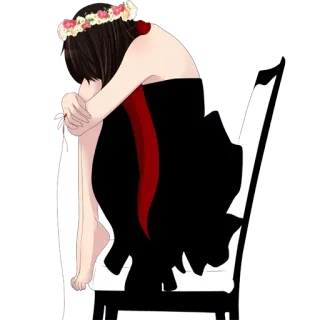 😞 vrouw, zitten, stoel, bloemenkrans, verdrietig, emo, meisje, rood, zwart telegram sticker