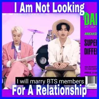 👰 I Am Not Looking
I will marry BTS members
For A Relationship kpop, BTS, relation, mariage, musique telegram sticker