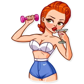 💪 fitness, ejercicio, dibujos animados, pin-up, mujer, mancuerna, martini telegram sticker