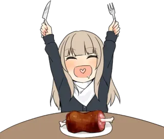 🍖 Anime, Chica, Comiendo, Carne, Comida, Cuchillo, Tenedor, Dibujo animado telegram sticker