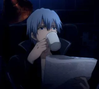 🏆 anime, blauw haar, man, lezen, koffie telegram sticker