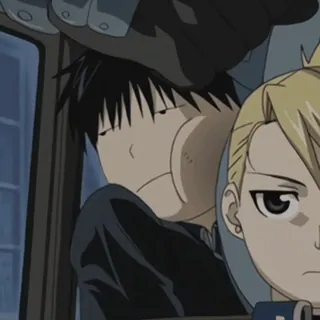 💙 Roy Mustang and Riza Hawkeye Fullmetal Alchemist Roy Mustang, Riza Hawkeye, Fullmetal Alchemist, anime, manga, sleeping, tired, fictional characters telegram sticker