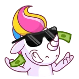 😎 unicorn, uang, kacamata hitam, keren, kaya, stiker, kartun telegram sticker