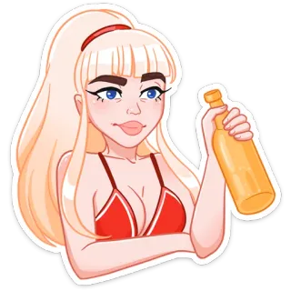 🍾 rubia, mujer, botella, dibujo animado, rojo, chica telegram sticker