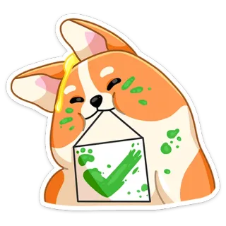 👍 หมา, คอร์กี้, เครื่องหมายถูก, สีเขียว, ภาพวาด, อนุมัติ telegram sticker