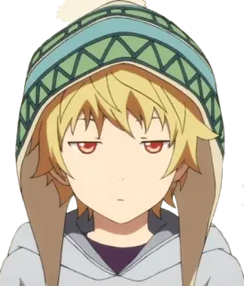 😐 アニメ, キャラクター, 漫画, 金髪, 赤い目, 帽子, パーカー telegram sticker