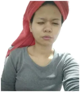 😤 wanita, handuk, selfie, potret, netral, kaos abu-abu, handuk merah, orang whatsapp sticker