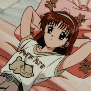 💬 Potete anime girl, cartoon, cute, bedroom, lying down, teddy bear telegram sticker