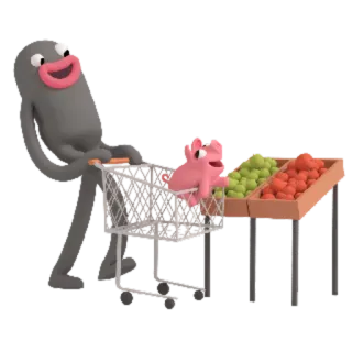 🛍 panier d'achat, cochon, fruits, courses, animation en pâte à modeler, animation telegram sticker