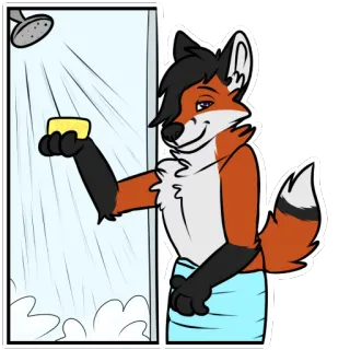 💦 fox, anthro, cartoon, shower, towel, soap telegram sticker