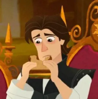 🖇 Eugene Fitzherbert Tangled dibujos animados, Disney, comiendo, sándwich, preocupado telegram sticker