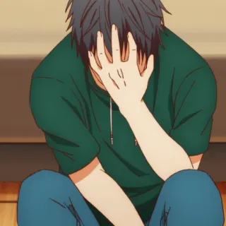 😲 anime, man, sad, depressed, tired, green shirt, sitting telegram sticker