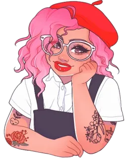 🤓 donna, ragazza, basco, capelli rosa, occhiali, cartone animato, arte, tatuaggio telegram sticker