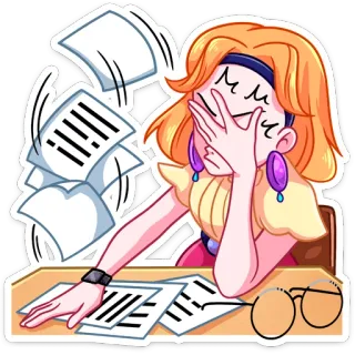 🤦‍♀️ stres, kewalahan, wanita, meja, dokumen telegram sticker